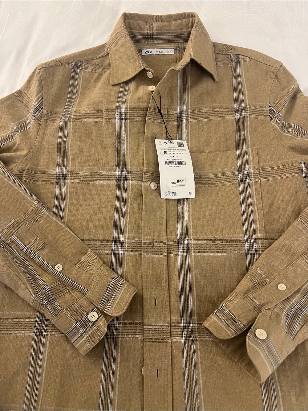 Zara Men's Tan Plaid Long-Sleeve Button-Down Shirt with Gray Stripe - Picture 7 of 7